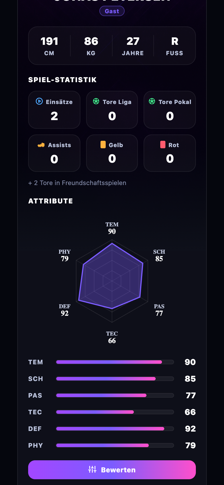 Spielerbewertung in KaderPro: Radar-Chart und Attributwerte mit Bewerten-Button